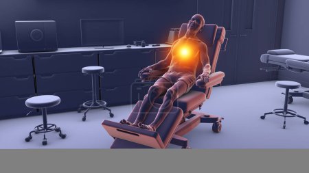 Téléchargez les photos : Illustration 3D représentant un patient masculin sur une roue médicale souffrant de douleurs cardiaques dans une salle d'hospitalisation, transmettant l'urgence de la détresse cardiovasculaire. - en image libre de droit