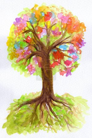 Foto de Impresionante ilustración de acuarela dibujada a mano de un árbol majestuoso, que captura la belleza y los detalles intrincados de la naturaleza en un estilo artístico vibrante. - Imagen libre de derechos