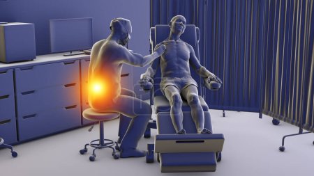Ilustración 3D que simboliza las enfermedades ocupacionales en la atención sanitaria, con un médico que experimenta dolor de espalda debido al estrés laboral.