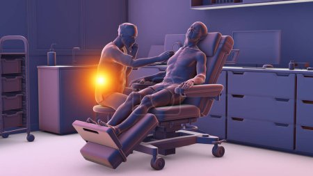 Ilustración 3D que simboliza las enfermedades ocupacionales en la atención sanitaria, con un médico que experimenta dolor de espalda debido al estrés laboral.