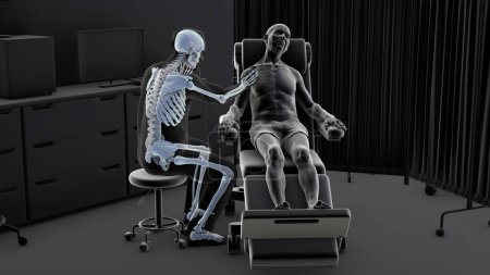 Téléchargez les photos : Illustration 3D conceptuelle révélant un médecin avec un squelette surligné examinant un patient, mettant l'accent sur l'activité squelettique des travailleurs de la santé et les troubles squelettiques professionnels potentiels. - en image libre de droit