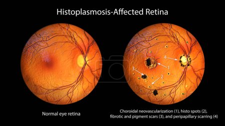 Foto de Retina en el Síndrome de Histoplasmosis Ocular Presunta como se ve en la oftalmoscopia, la ilustración 3D muestra neovascularización coroidea, manchas histo, cicatrices fibrosas y pigmentarias, y cicatrices peripapilares. - Imagen libre de derechos