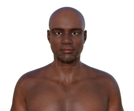 A 3D photorealistic illustration showcasing the portrait of an African man, confidently looking at the camera, revealing the intricate details of his skin, face, and body anatomy.