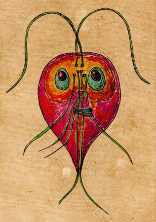 Ilustración dibujada a mano de Giardia intestinalis protozoario sobre papel envejecido, evocando el estilo de los dibujos médicos medievales. Un protozoo flagelado que causa giardiasis que afecta el intestino delgado.
