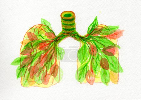Botanical-themed watercolor lungs, symbolizing respiratory health and illustrating the interplay between nature, clean air, and lung diseases.