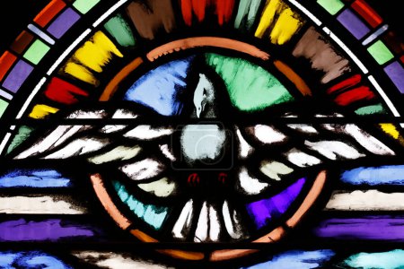Foto de Pentecost. The pentecostal dove (representing Holy Spirit). Saint Joseph church.  Stained glass window.  Geneva. Switzerland. - Imagen libre de derechos