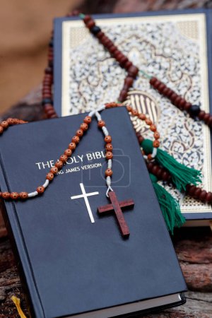 Photo for Prayer beads, Bible and Kuran. Interfaith symbols. - Royalty Free Image