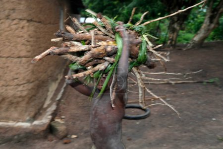 Téléchargez les photos : African village. Boy carrying firewood on his head.  Daily life.  Datcha-Attikpaye. Togo. - en image libre de droit