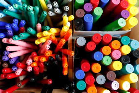 Photo for Primary school.  Several jars of pens, markers and pencils.  Saint Gervais les Bains. France. - Royalty Free Image