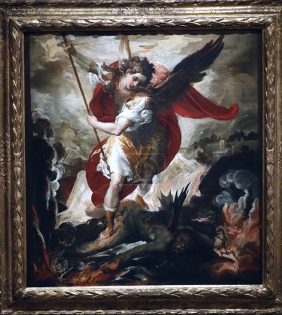 Photo for Thyssen-Bornemisza museum.  The Arcangel  Michael over overthrowing  Lucifer.  Francesco Maffei. 17 th century.  Madrid. Spain. - Royalty Free Image