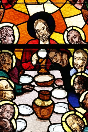 Photo for Saint Joseph des Fins church. Passion of Christ. The last supper. Jesus and his apostles. Institution of the Eucharist. Stained glass window.  Annecy. France. - Royalty Free Image
