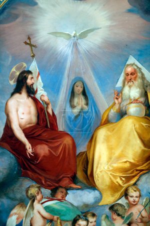 Photo for Holy Spirit, Jesus, Virgin Mary and God. Trinity. Fresco.  Saint Catarina church ( Chiesa di Santa Caterina ).  Varazze. Italy. - Royalty Free Image
