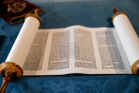 Photo for Torah scroll used in the ritual of Torah reading during Jewish prayers. Italy. - Royalty Free Image
