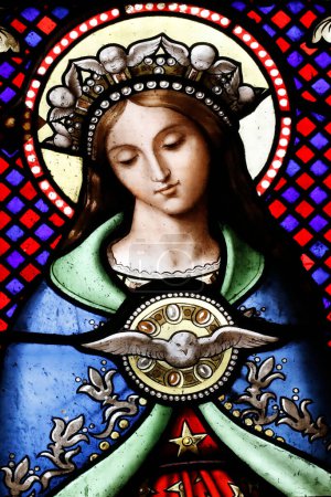 Photo for Saint Julien en Genevois church. Stained glass window. Virgin Mary and Holy Spirit.  France. - Royalty Free Image
