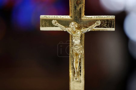 Photo for Catholic church.  Crucifix on altar. Jesus on the cross.  Switzerland. - Royalty Free Image