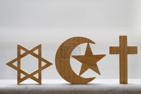Christianity, Islam, Judaism 3 monotheistic religions. Jewish Star, Star and Crescent, Catholic Cross :  Interreligious or interfaith symbols.
