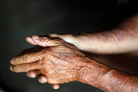 Gros plan sur les mains d'un homme âgé de 80 ans. Tan Chau. Viêt Nam. 