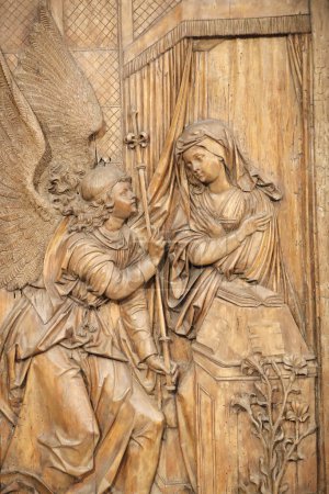Photo for Unterlinden Museum. Viirgin Mary and Archangel Gabriel. The Annunciation by Velt Wagner. 16 th century. Colmar. France. Colmar. France. - Royalty Free Image