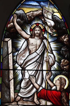 Photo for Song Vinh Church. Stained glass.  The resurrection of Jesus Christ on the third day  after his crucifixion.  Vietnam. - Royalty Free Image
