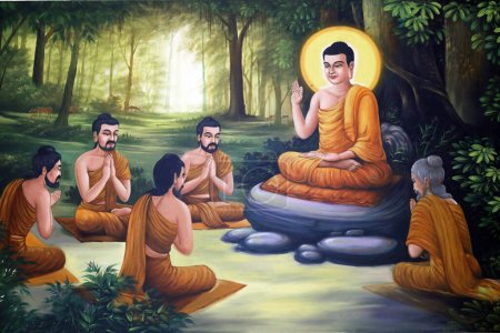  Phu Son Tu templo budista. La vida de Buda, Siddhartha Gautama. El Buda predicó Su primer sermón a los cinco monjes en el Parque de los Ciervos en Varanasi. Tan Chau. Vietnam.