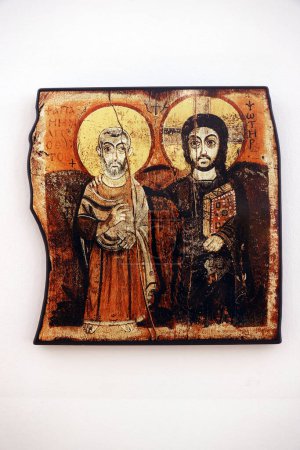 Foto de El icono de Cristo y el abad Mena. Pintura copta. - Imagen libre de derechos