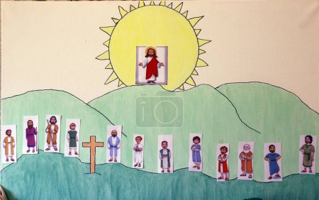 Photo for Catholic church. Christian religious teaching or catechism for young children. Jesus and the 12 apostles.  France. - Royalty Free Image