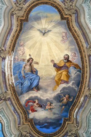 Photo for Saint-Grat church. Ceiling painting. Holy Trinity. The Father, Jesus and Holy Spirit. Valgrisenche. Italy. - Royalty Free Image