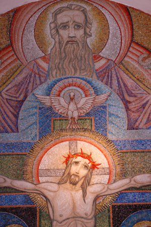 Photo for The Basilique de la Visitation.  Holy Trinity.  The crucifixion, Jesus on the cross. Mosaics by Antoine Molkenboer. Annecy. France. - Royalty Free Image