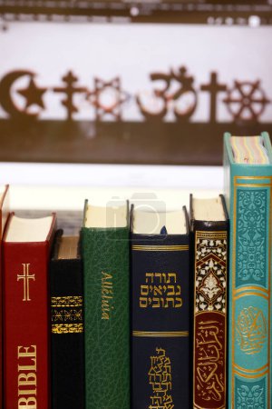 Christianity, Islam and Judaism. Bible, Quran and Torah. Interfaith or interreligious religious symbols. Faith and spirituality concept.