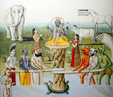 Guimet museum.  The Samudra Manthana explains the origin of the elixir of eternal life, amrita. India, 18 th century. Paris. France.