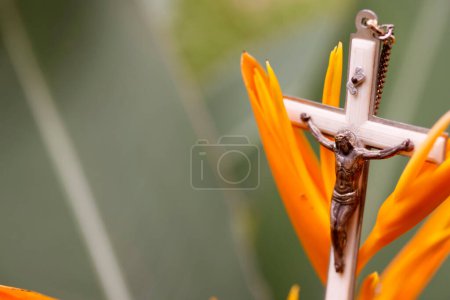 Téléchargez les photos : Crucifix de Jésus sur une fleur tropicale. Priez dans la nature. - en image libre de droit