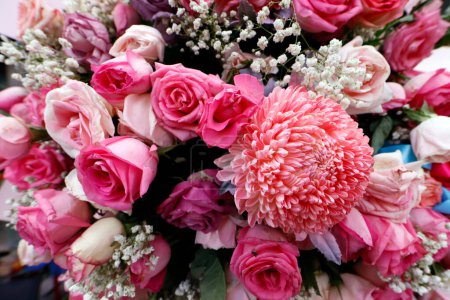 Selection of pink flowers. Decoration for wedding.