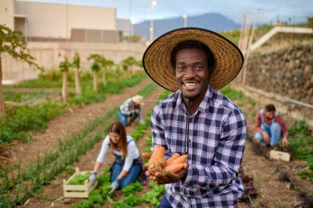 Foto de Alegre horticultor afroamericano en sombrero de paja con zanahorias crudas mirando a la cámara contra amigos multiétnicos irreconocibles en tierras de cultivo - Imagen libre de derechos