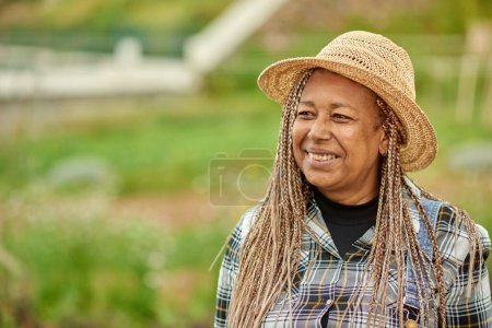 Foto de Alegre madura mujer étnica en camisa a cuadros con trenzas Afro mirando hacia el campo durante el día - Imagen libre de derechos