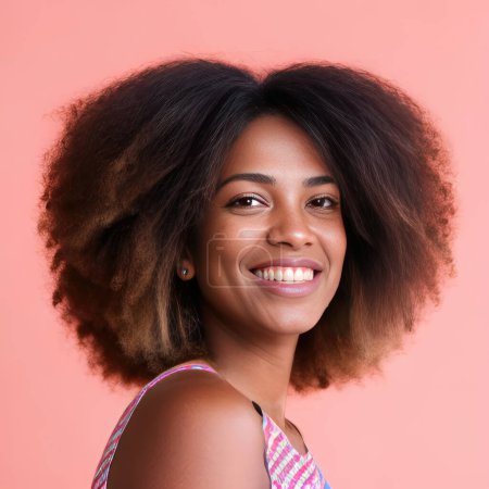 Photo for Positive African American female with curly hair smiling and looking at camera on pink background. Generated artificial intelligence - Royalty Free Image