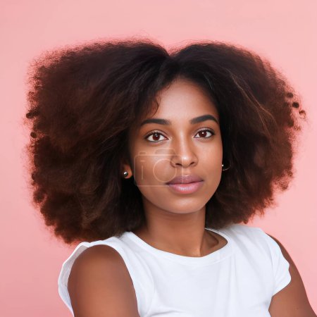 Foto de Retrato de una joven mujer étnica con el pelo rizado mirando a la cámara aislada sobre fondo rosa. inteligencia artificial - Imagen libre de derechos