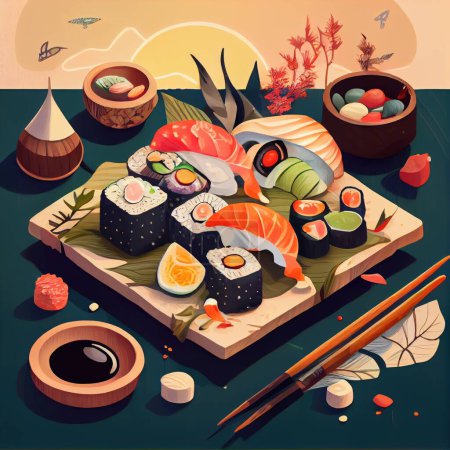 Photo for Top view of delicious sushi Asian food assortment on the table - Royalty Free Image