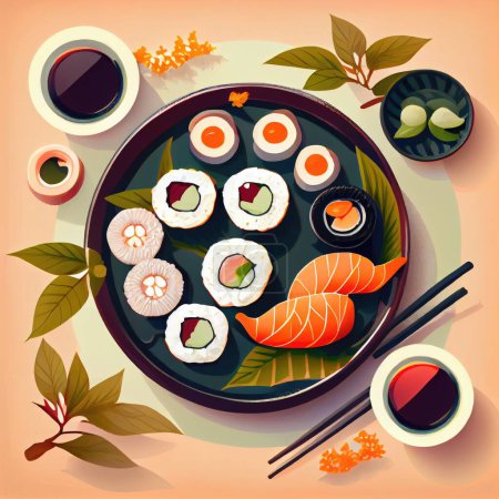 Foto de Vista superior de surtidos rollos de sushi con salsa de soja y salsa de soja colocados en la mesa - Imagen libre de derechos