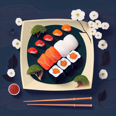Foto de Vista superior de surtidos de sushi y rollos con pescado fresco servido en la mesa - Imagen libre de derechos