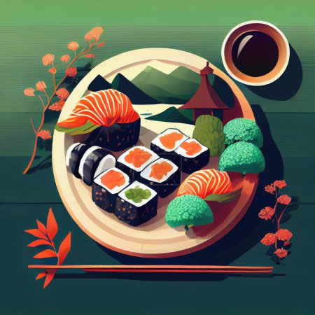 Photo for Flat lay composition of assorted sushi rolls with fresh fish and soy sauce served on plate - Royalty Free Image