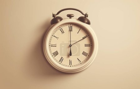 Foto de Vista superior del reloj despertador vintage colocado sobre fondo beige - Imagen libre de derechos