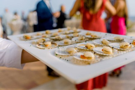 Téléchargez les photos : Serveur méconnaissable avec de délicieux apéritifs de fruits de mer appétissants servis sur un plateau blanc lors d'un banquet festif dans la rue - en image libre de droit