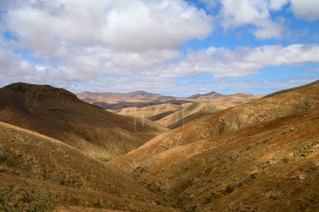 Téléchargez les photos : Abondance de zones herbeuses montagneuses situées contre le ciel bleu avec des nuages blancs dans la nature de Fuerteventura par une journée d'été ensoleillée - en image libre de droit