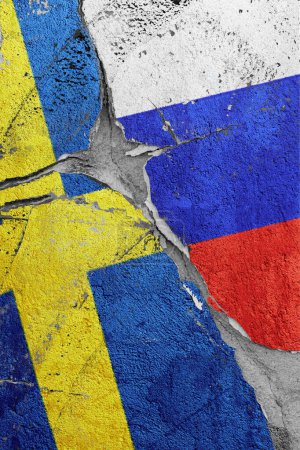 Photo for Illustration of cracked between Sweden and Russia flags, concept of global crisis in political and economic relations - Royalty Free Image