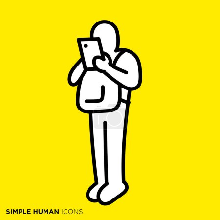 Simple human icon series, person holding a backpack and looking at a smartphone