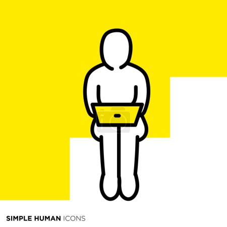 Einfache menschliche Icon-Serie, Person, die auf Treppen sitzt und Laptop benutzt