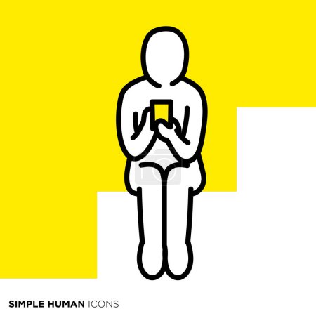 Einfache menschliche Symbolserie, Person auf Treppe sitzend und Smartphone benutzend