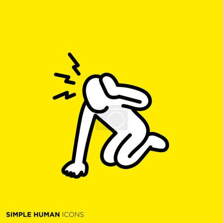 Einfache menschliche Symbolserien, eine Person, die mit Kopfschmerzen in die Hocke geht