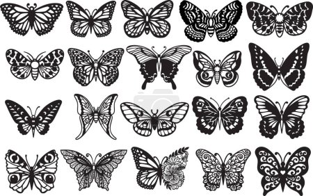 Illustration for Set of 20 butterflies for engraving, paper cut, caser cut, wood cut, stencil design and so on. Vector illustration - Royalty Free Image