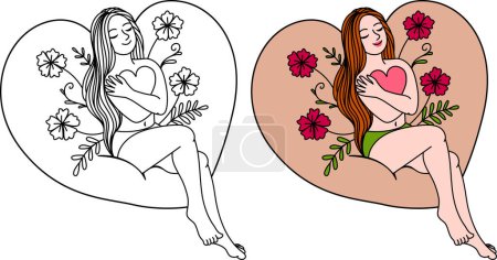 Illustration for Self loveHappy white woman fall in love with herself, hugging herself and sitting on soft comfry heart shape cushion. Girl happy being single on Valentine's day. Inner beauty, self acceptance concept.Vector illustration. - Royalty Free Image
